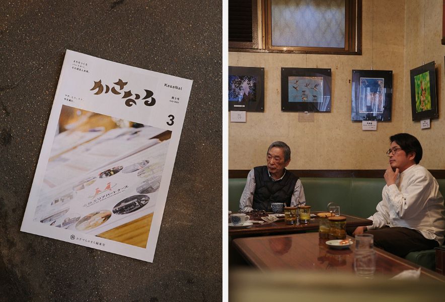 笠寺のまち編集室のフリーペーパーと対話の様子、喫茶ミハルで語られる街の記憶